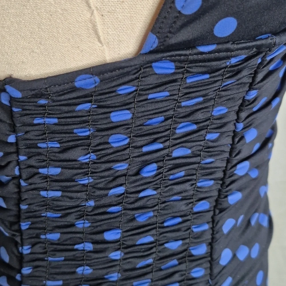DKNY One Piece Swimsuit Black/Blue Polka Dot Side Ruching V Neck Swimwear Sz 10 - Picture 9 of 15